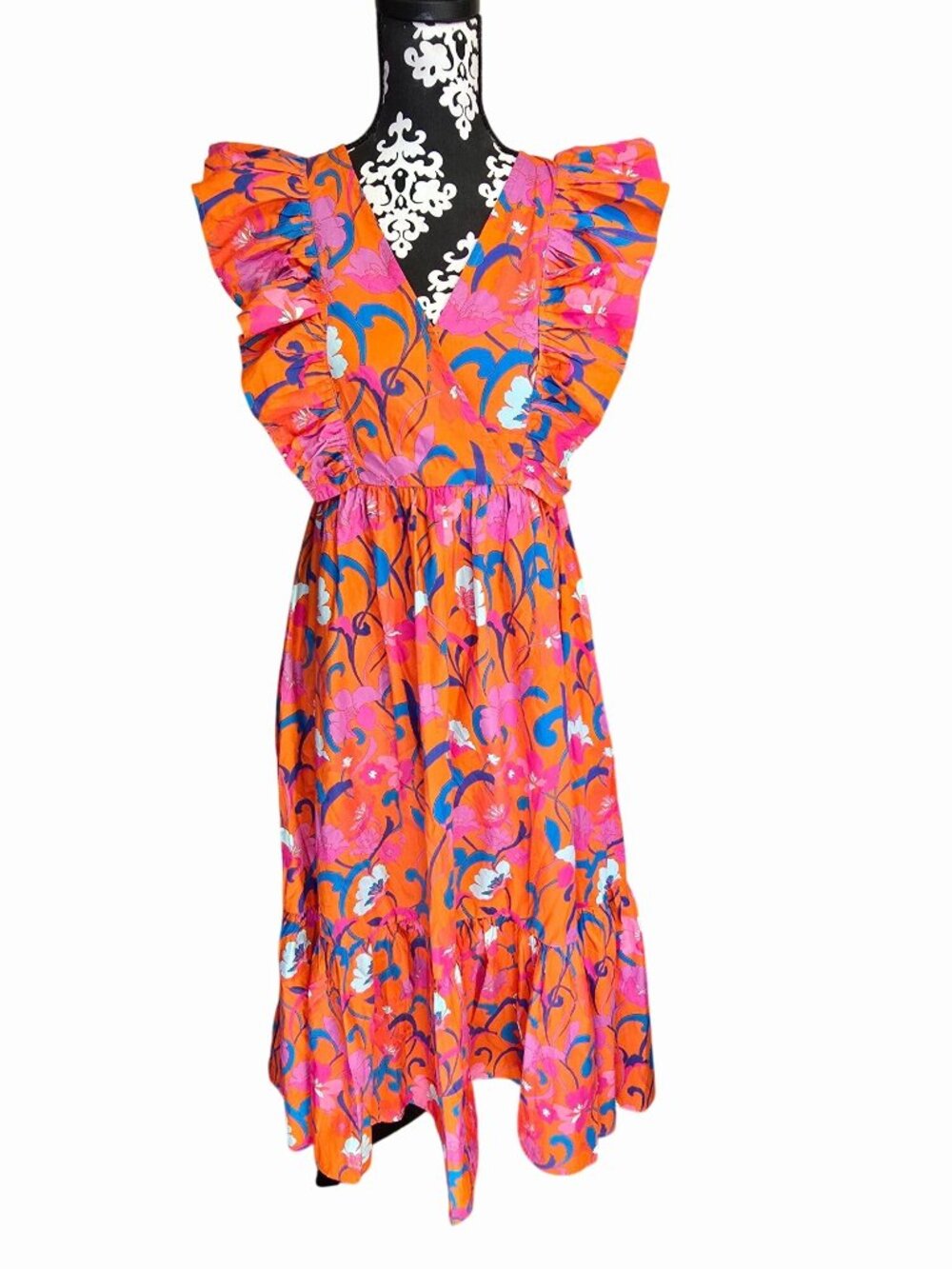 Sugarlips Floral Ruffle Maxi Dress Orange & Pink Small Cotton